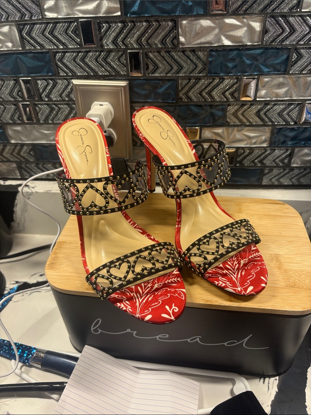 Jessica Simpson Red and Black Studded Heart-Strap Stiletto Sandals